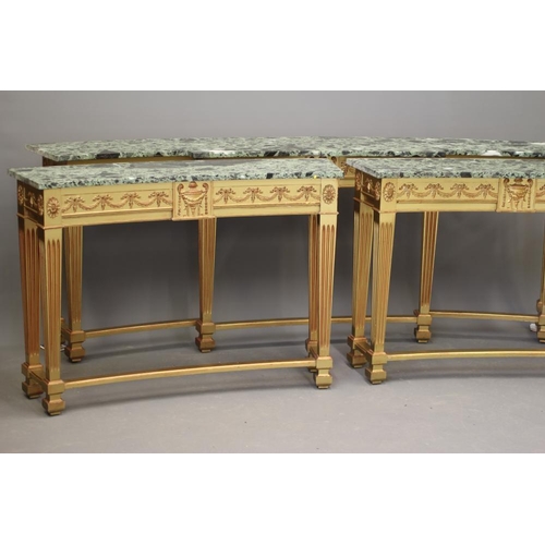 858 - A SUITE OF GILTWOOD AND GREEN MARBLE SIDE TABLES, modern, of curved outline and in the neo classical... 