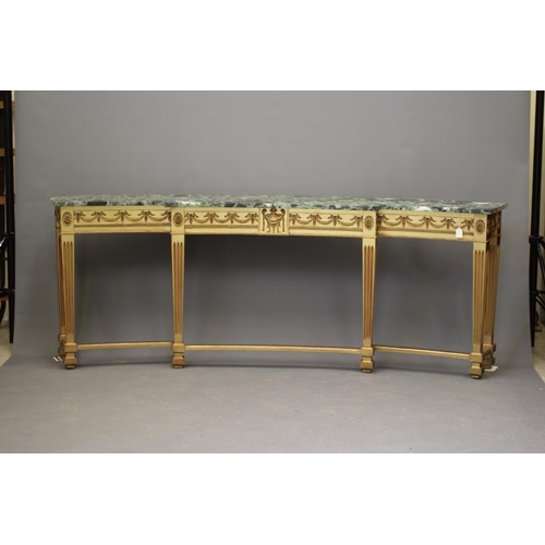 858 - A SUITE OF GILTWOOD AND GREEN MARBLE SIDE TABLES, modern, of curved outline and in the neo classical... 