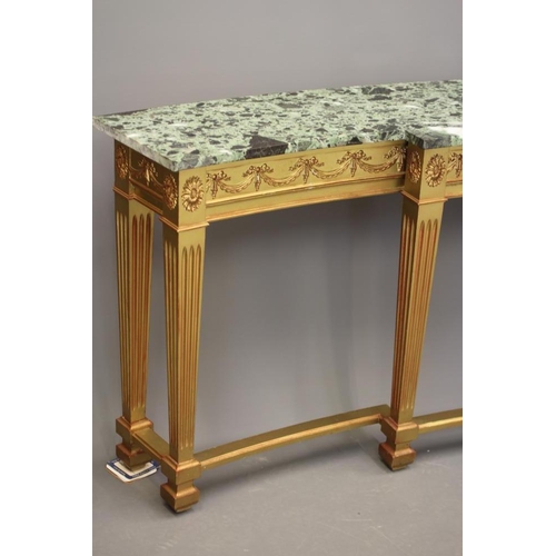 858 - A SUITE OF GILTWOOD AND GREEN MARBLE SIDE TABLES, modern, of curved outline and in the neo classical... 