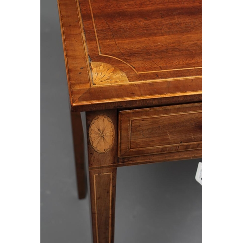 859 - AN EDWARDIAN MAHOGANY AND INLAID PATERAE SIDE TABLE of oblong form with stringing, the banded top wi... 