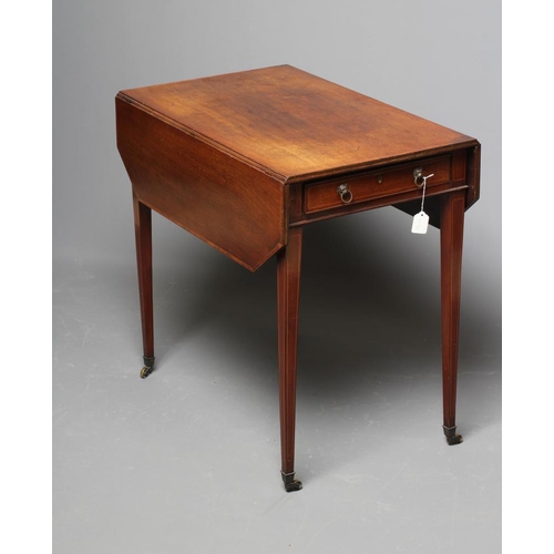 861 - A GEORGIAN MAHOGANY PEMBROKE TABLE, late 18th century, of canted oblong form crossbanded with string... 