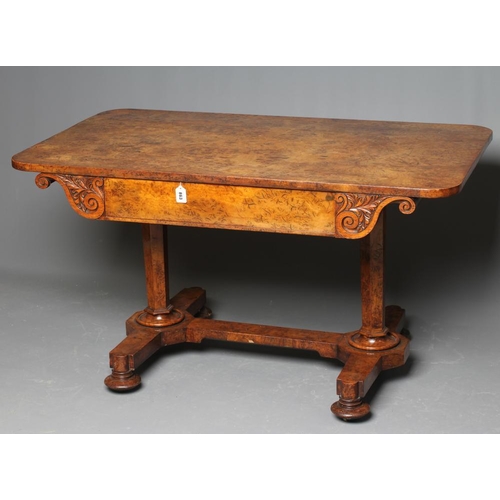 863 - AN EARLY VICTORIAN BURR OAK LIBRARY TABLE, the rounded oblong top over frieze drawer flanked on eith... 