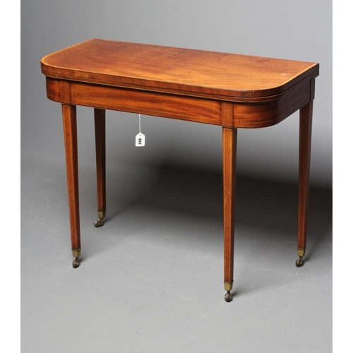 864 - A SATINWOOD FOLDING CARD TABLE, 19th century, the rounded oblong top crossbanded with stringing and ... 