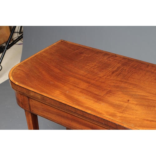 864 - A SATINWOOD FOLDING CARD TABLE, 19th century, the rounded oblong top crossbanded with stringing and ... 