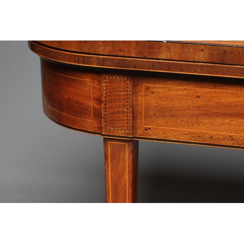 864 - A SATINWOOD FOLDING CARD TABLE, 19th century, the rounded oblong top crossbanded with stringing and ... 