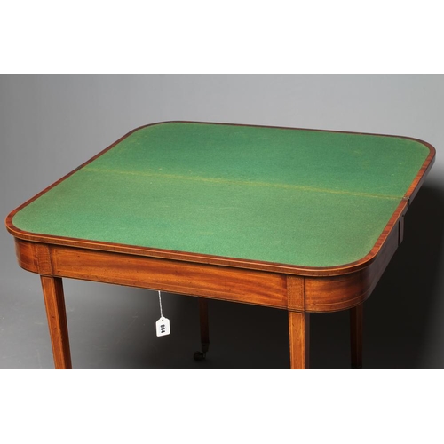 864 - A SATINWOOD FOLDING CARD TABLE, 19th century, the rounded oblong top crossbanded with stringing and ... 