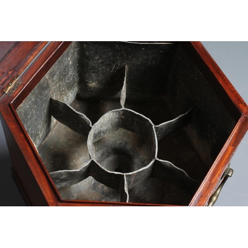 866 - A MAHOGANY CELLARETTE, 19th century, of hexagonal form crossbanded with chequer stringing, brass loo... 