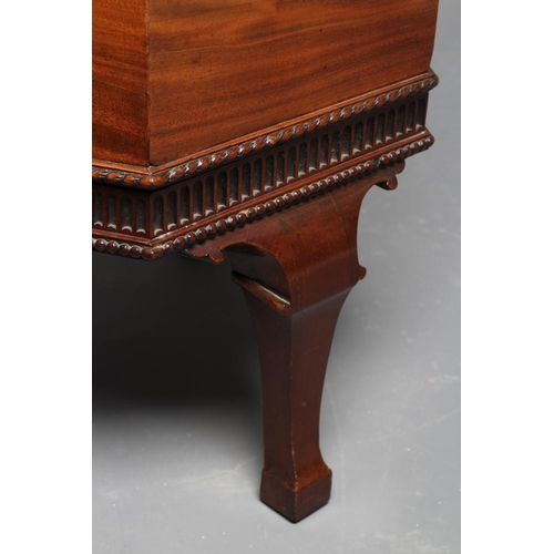 866 - A MAHOGANY CELLARETTE, 19th century, of hexagonal form crossbanded with chequer stringing, brass loo... 