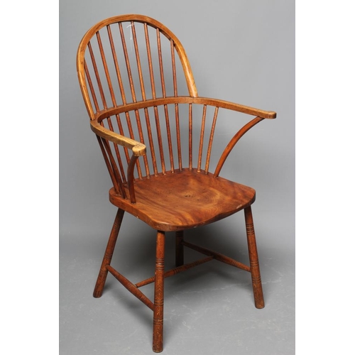 872 - A HIGH HOOP BACK WINDSOR ARMCHAIR, late 19th century (?), in beech, ash and elm, with spindle back, ... 