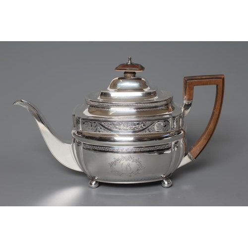 108 - A GEORGE III SILVER TEAPOT, maker Charles Fox, London 1806, of lobed oblong form raised upon four ba... 