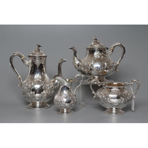 114 - A VICTORIAN SILVER FOUR PIECE TEA AND COFFEE SERVICE, maker Hands & Son, London 1863, of baluster fo... 