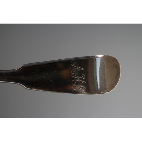 127 - A LATE GEORGE III SILVER SOUP LADLE, maker's mark GB, London 1819, in Fiddle pattern, engraved 