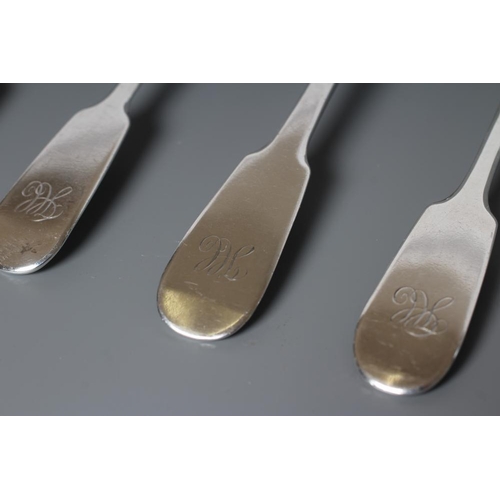 128 - A SET OF THREE VICTORIAN SCOTTISH SILVER DESSERT SPOONS, maker Mackay, Cunningham & Co., Edinburgh 1... 