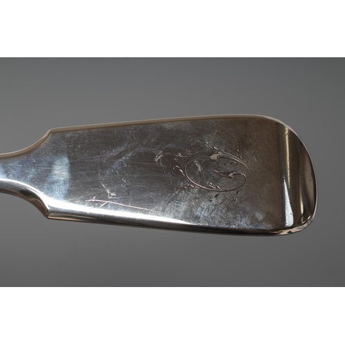 132 - A VICTORIAN SILVER SOUP LADLE, maker's mark GA, London 1858, in Fiddle pattern engraved 