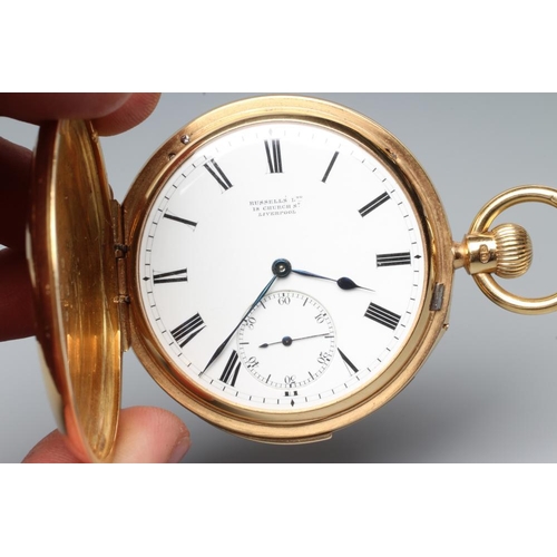 153 - A LATE VICTORIAN 18CT GOLD MINUTE REPEATER HUNTER TOP WIND POCKET WATCH, the white dial with black R... 