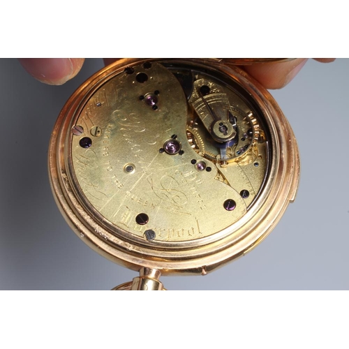 153 - A LATE VICTORIAN 18CT GOLD MINUTE REPEATER HUNTER TOP WIND POCKET WATCH, the white dial with black R... 