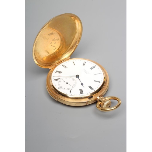 153 - A LATE VICTORIAN 18CT GOLD MINUTE REPEATER HUNTER TOP WIND POCKET WATCH, the white dial with black R... 