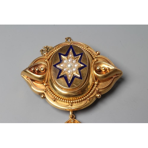 204 - A VICTORIAN BROOCH, the quatrefoil panel centred by a seed pearl star within a dark blue enamel bord... 