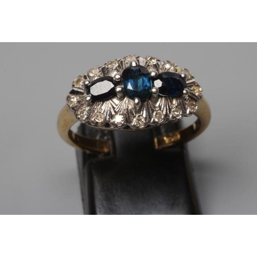 242 - A SAPPHIRE AND DIAMOND DRESS RING, the three oval facet cut sapphires point set to a white mount ill... 