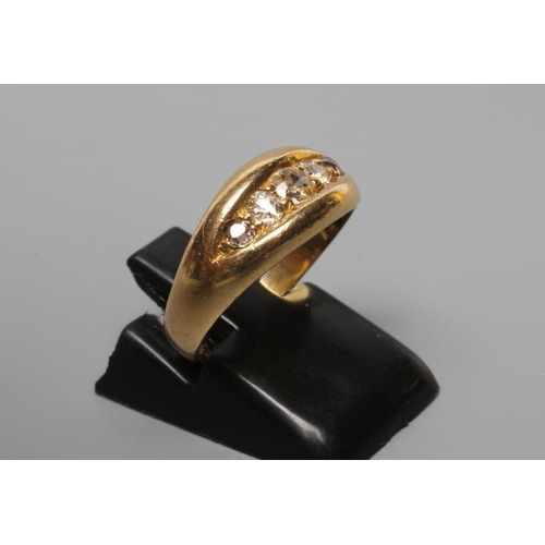 249 - A LATE VICTORIAN DIAMOND RING, set with five mix cut stones in a boat panel to a plain 18ct gold sha... 