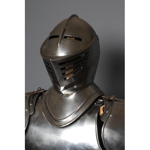 486 - A FULL SUIT OF FIELD ARMOUR, 20th century, comprising helmet with hinged visor, two piece chest plat... 