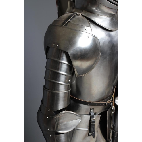 487 - A FULL SUIT OF FIELD ARMOUR, 20th century, comprising helmet with hinged visor, two piece chest plat... 