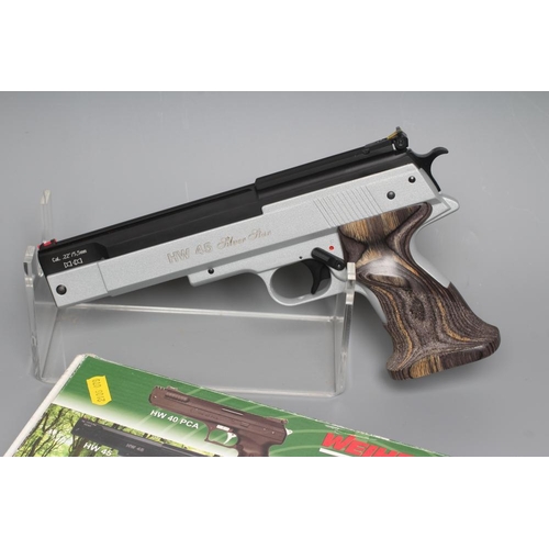 492 - A WEIHRAUCH HW45 SILVER STAR .22 AIR PISTOL with fibre optic front sight, adjustable fibre optic rea... 