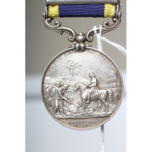 497 - A VICTORIAN PUNJAB MEDAL 1848-49, with blue and yellow ribbon, two clasps for Chilianwala and Goojer... 