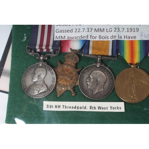 505 - A FAMILY OF FIRST WORLD WAR MEDALS awarded to Sgt. Henry H. Threadgold, comprising a Military Medal ... 