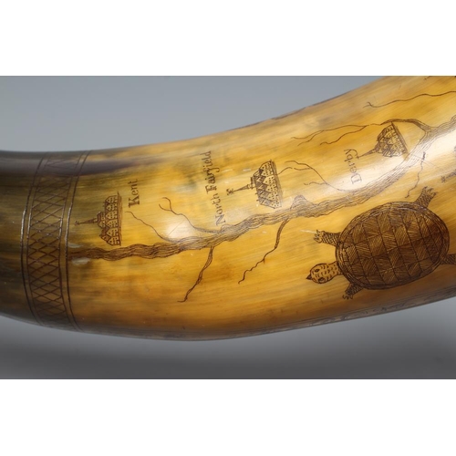 506 - A HORN POWDER FLASK, scrimshaw style, with turned spout, inset compass to butt and body etched with ... 