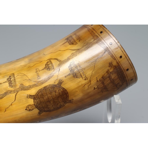 506 - A HORN POWDER FLASK, scrimshaw style, with turned spout, inset compass to butt and body etched with ... 