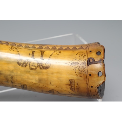 506 - A HORN POWDER FLASK, scrimshaw style, with turned spout, inset compass to butt and body etched with ... 