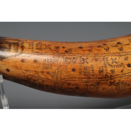 507 - A HORN POWDER FLASK, scrimshaw style, with turned spout, wood plugged butt and body etched with Roya... 