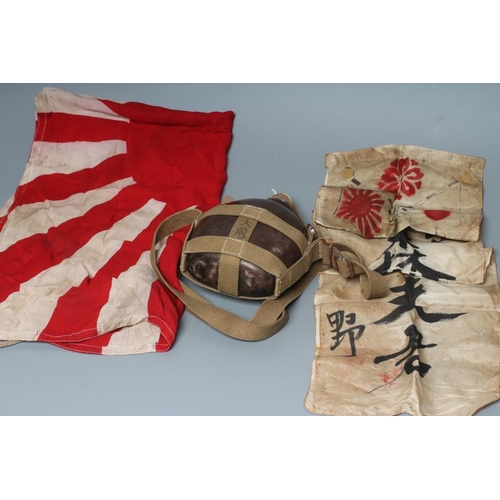 508 - JAPANESE SECOND WORLD WAR ITEMS, comprising a sun flag, a silk script pennant and an Imperial Army w... 