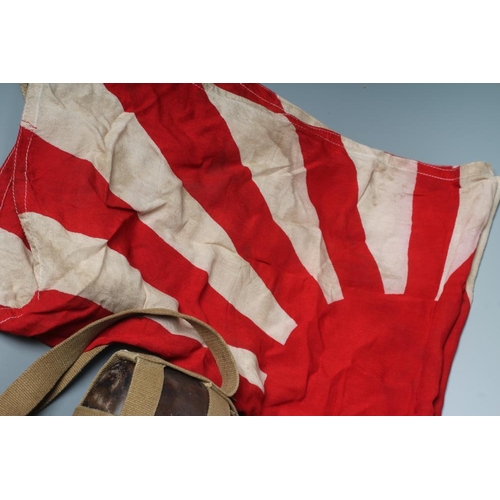 508 - JAPANESE SECOND WORLD WAR ITEMS, comprising a sun flag, a silk script pennant and an Imperial Army w... 