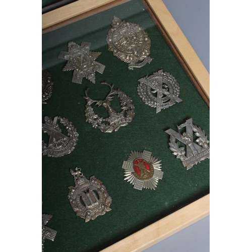 515 - THIRTY FOUR BRITISH MILITARY CAP BADGES comprising all Scottish regiments in two framed cases