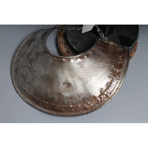 580 - A REPRODUCTION BURGONET HELMET with high medial ridge, rounded peak, neck and ear guards, together w... 