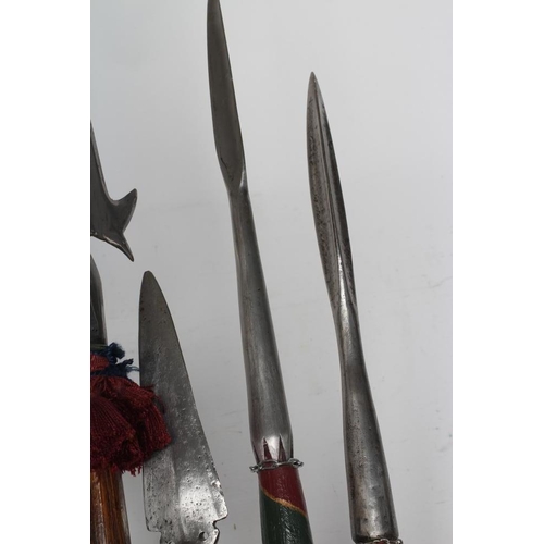 590 - TWO BRITISH LANCES with later painted shafts, together with two reproduction polearms, longest 80 1/... 