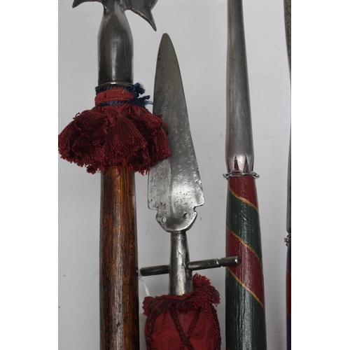 590 - TWO BRITISH LANCES with later painted shafts, together with two reproduction polearms, longest 80 1/... 