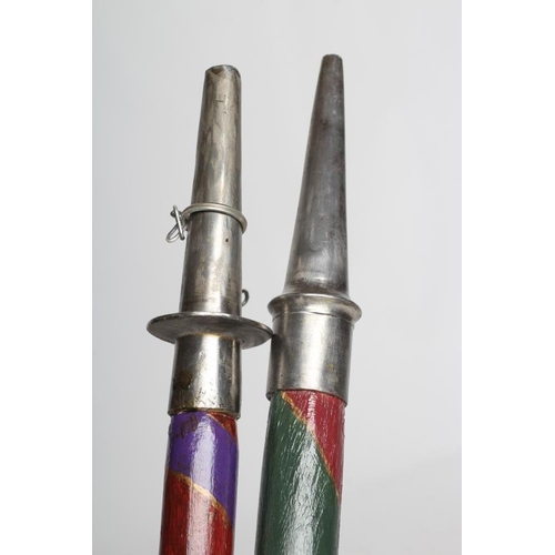 590 - TWO BRITISH LANCES with later painted shafts, together with two reproduction polearms, longest 80 1/... 