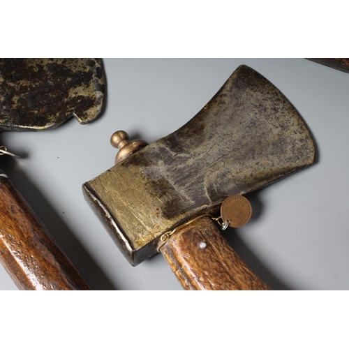 591 - THREE BRITISH AXES, two antique axes, both dug up by the owner and re-shafted, together with a firem... 