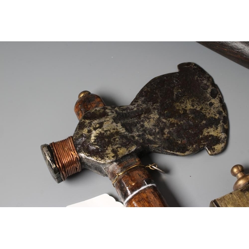 591 - THREE BRITISH AXES, two antique axes, both dug up by the owner and re-shafted, together with a firem... 