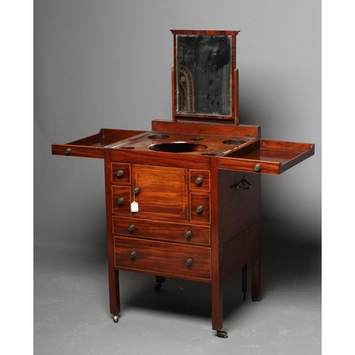 836 - A GEORGIAN MAHOGANY TOILET CHEST, late 18th century, the split hinged top opening to fitted interior... 