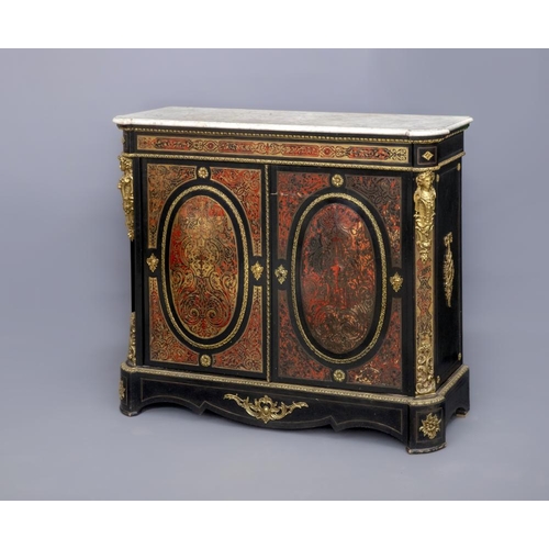 877 - A VICTORIAN RED BOULLE AND EBONISED SIDE CABINET of shallow oblong form with gilt metal mounts, moul... 