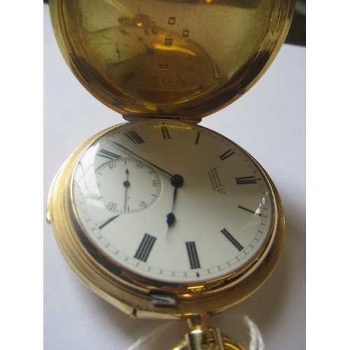 153 - A LATE VICTORIAN 18CT GOLD MINUTE REPEATER HUNTER TOP WIND POCKET WATCH, the white dial with black R... 