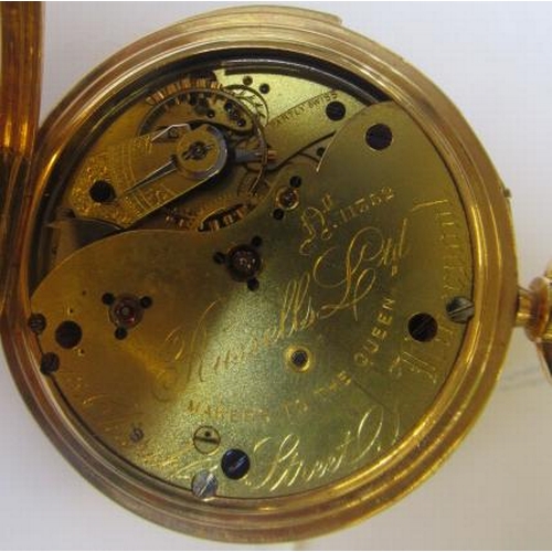 153 - A LATE VICTORIAN 18CT GOLD MINUTE REPEATER HUNTER TOP WIND POCKET WATCH, the white dial with black R... 