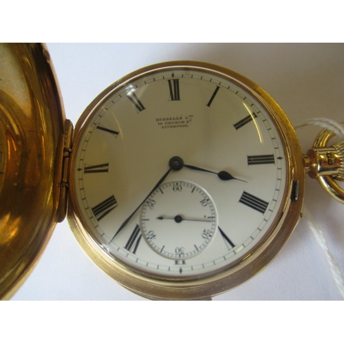 153 - A LATE VICTORIAN 18CT GOLD MINUTE REPEATER HUNTER TOP WIND POCKET WATCH, the white dial with black R... 