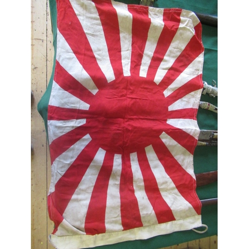 508 - JAPANESE SECOND WORLD WAR ITEMS, comprising a sun flag, a silk script pennant and an Imperial Army w... 