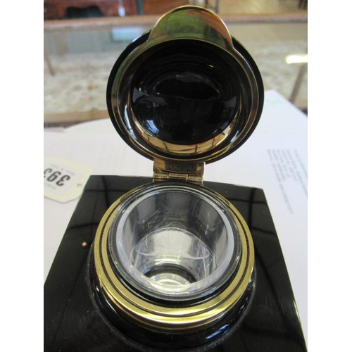 393 - A MONTBLANC MEISTERSTUCK SQUARE GLASS INKWELL, 1990's, with black plastic and gilt metal mounts, hin... 