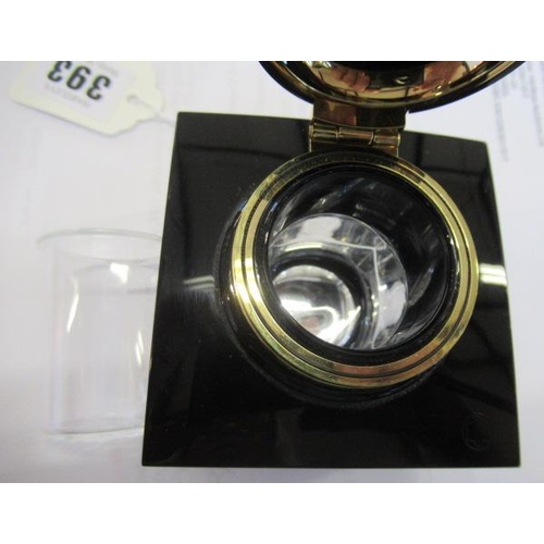 393 - A MONTBLANC MEISTERSTUCK SQUARE GLASS INKWELL, 1990's, with black plastic and gilt metal mounts, hin... 